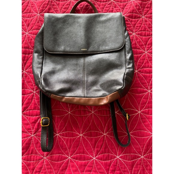 Fossil Leather Backpack Purse Convertible Shoulder Bag Brown Black - Picture 1 of 14